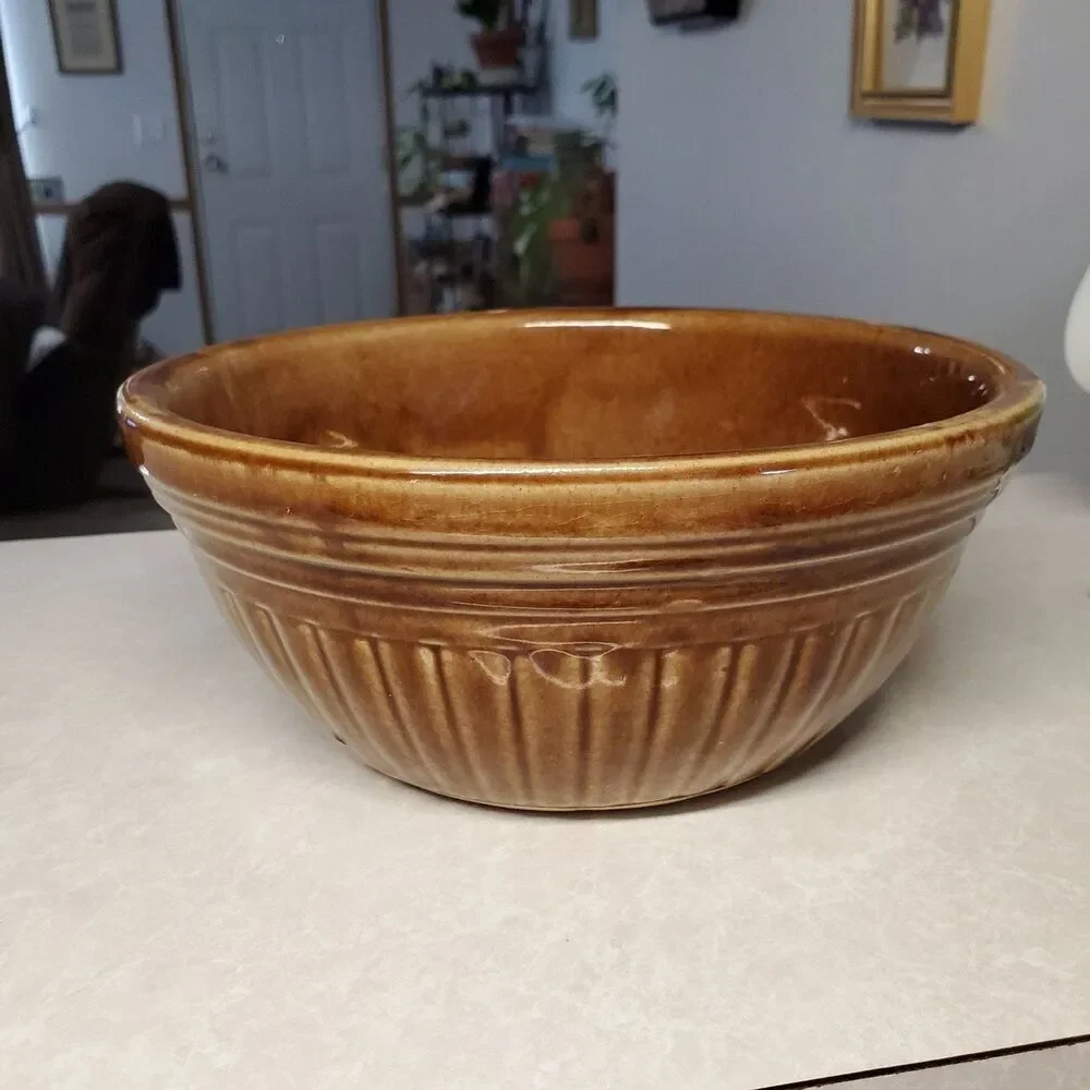 Ribbed Ceramic Pottery Mixing Bowl Brown Made in USA 5